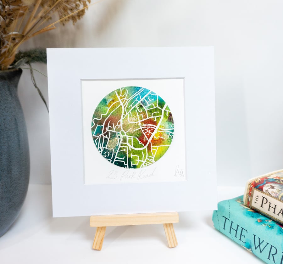 Personalised circle Map green, blue gold and red, custom made hand painted