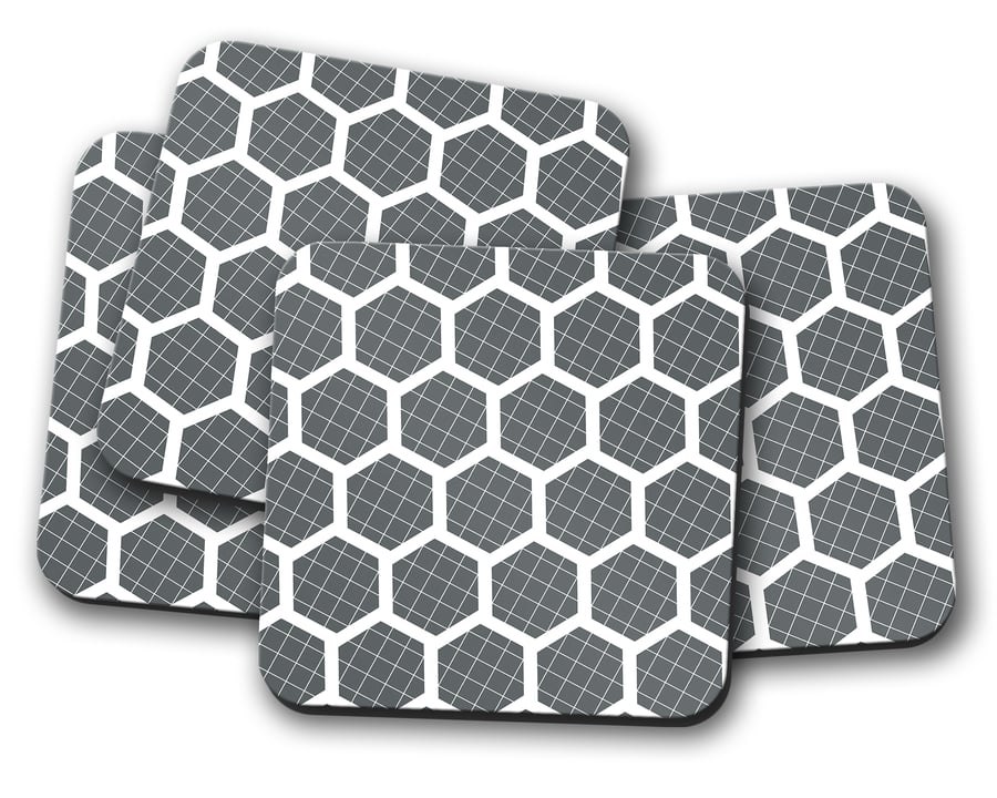 Set of 4 Grey and White Hexagon Geometric Design Coasters