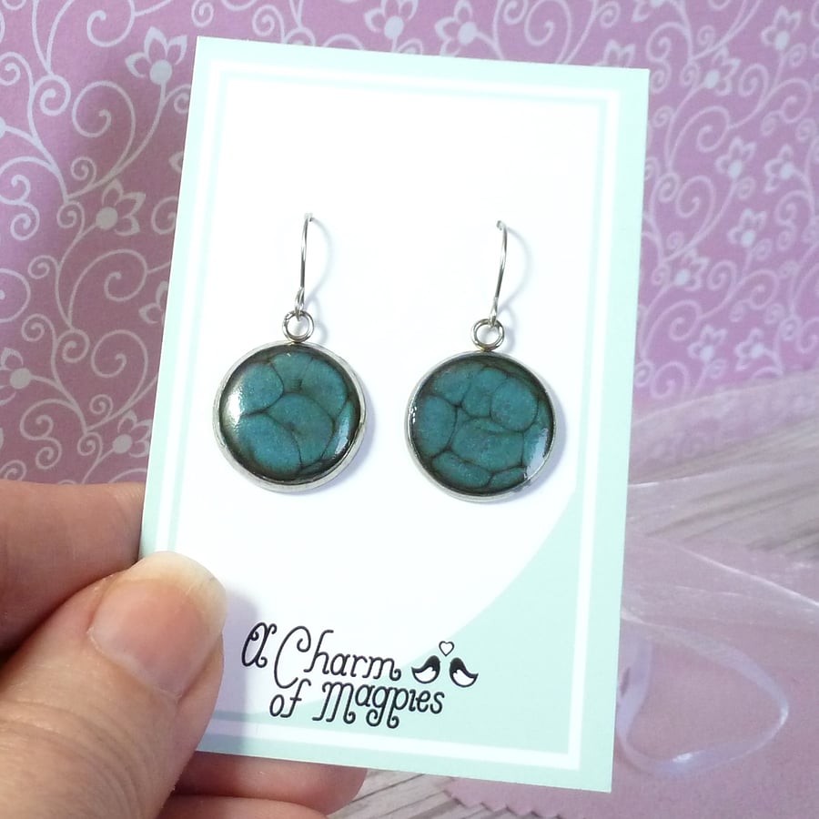 Deep blue enamel and resin dangle earrings, colourful drop earrings for women