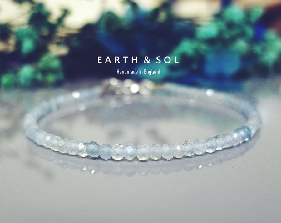 Aquamarine Gemstone Bracelet. 2mm Faceted Beads. Sterling Silver or Gold Filled