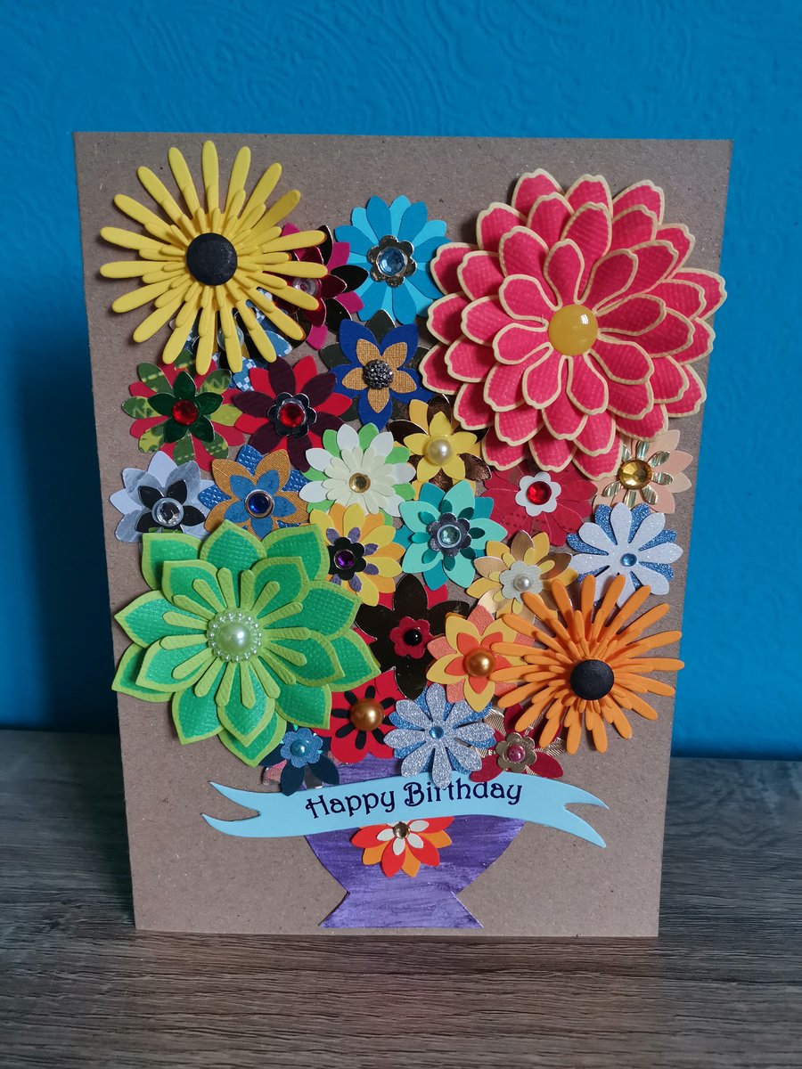 Multicolored luxury handmade flower greeting keepsake card - boxed 