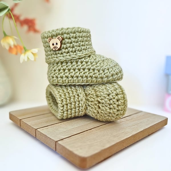 Crochet Baby Booties with Teddy Button – Handmade Gift for Baby Showers