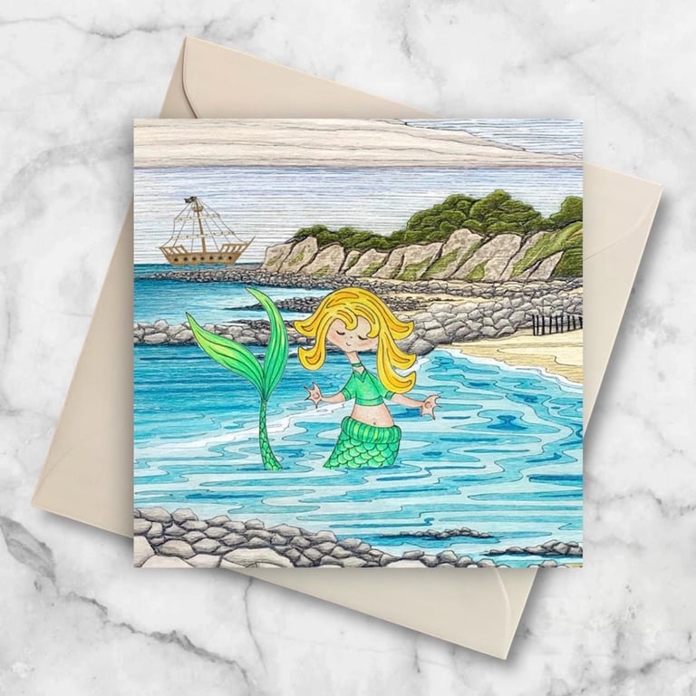 Mermaid at Steephill Cove, fun Isle of Wight Greetings Card, 