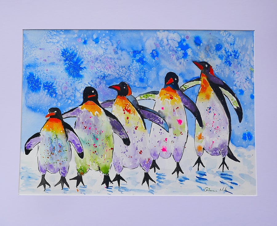 "Colourful Penguins"" A3 Mounted Watercolour 16" x 20" Mount