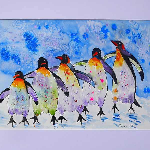 "Colourful Penguins"" A3 Mounted Watercolour 16" x 20" Mount