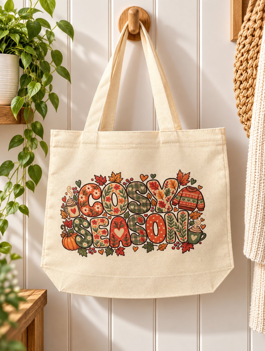 Cosy Season Tote Bag – Autumn Tote Bag with Zip, Fall Leaves & Pumpkin Design