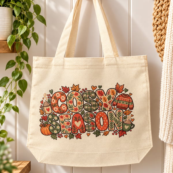 Cosy Season Tote Bag – Autumn Tote Bag with Zip, Fall Leaves & Pumpkin Design