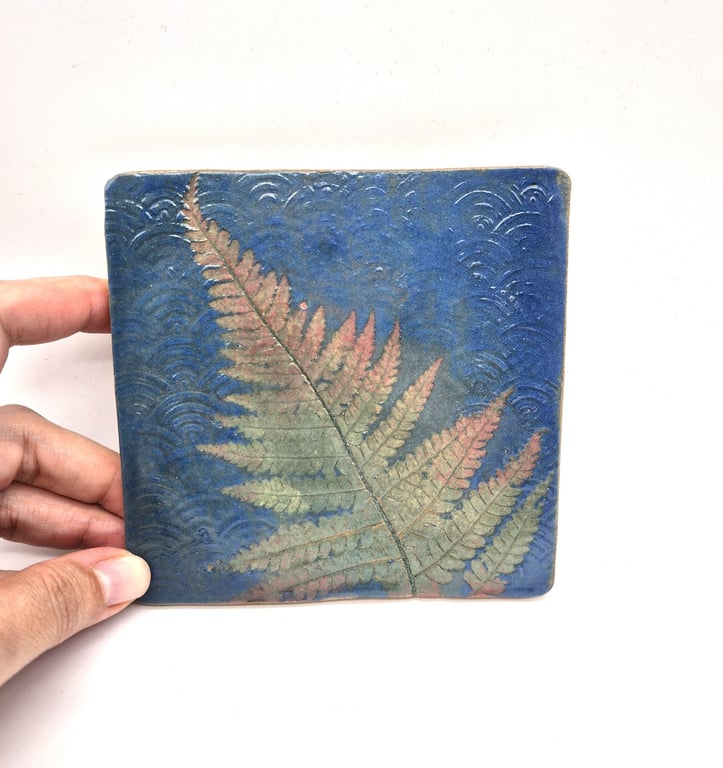 Handmade Ceramic Tile with Fern Impression and Slip Decoration