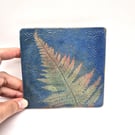 Handmade Ceramic Tile with Fern Impression and Slip Decoration