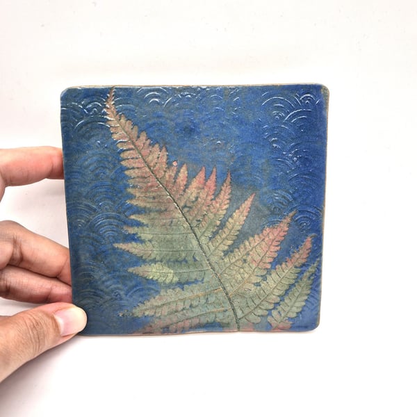 Handmade Ceramic Tile with Fern Impression and Slip Decoration
