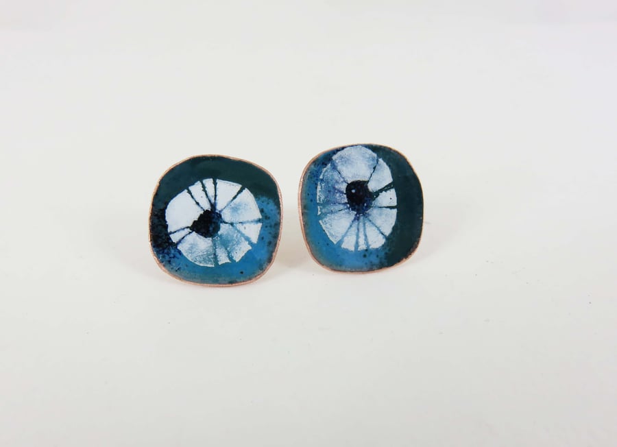 Rounded Square Stud Earrings in Copper and Enamel
