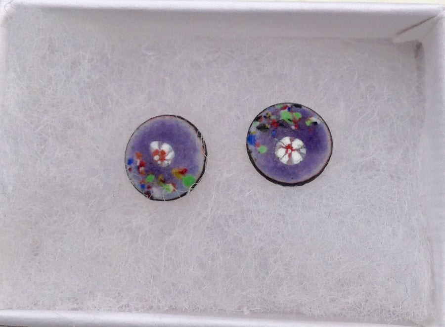ROUND STUD EARRINGS, ENAMELLED ON COPPER WITH STERLING SILVER BACKS - 9MM