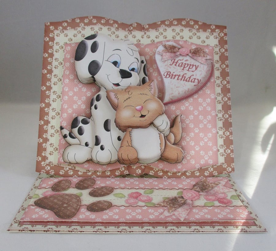 Cute Dog and Cat Easel Birthday Card, 3D,Decoupage,Personalise