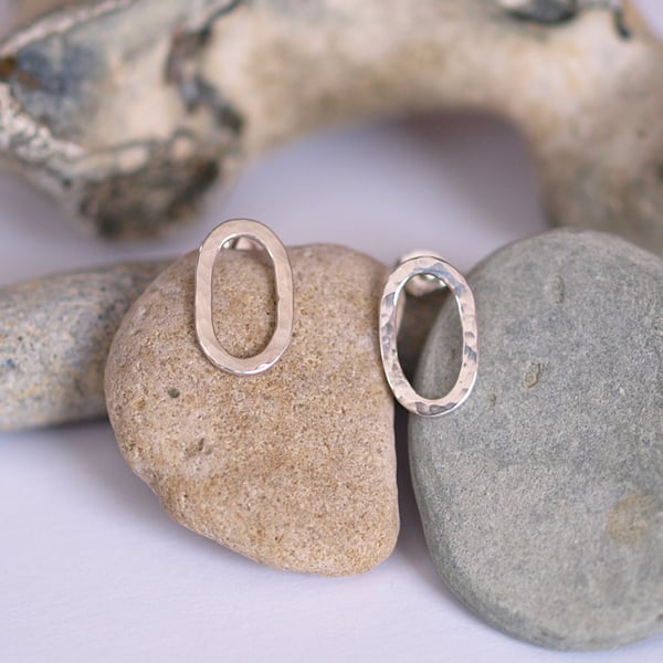 Oval Earrings, Hammered Sterling Silver Oval Studs