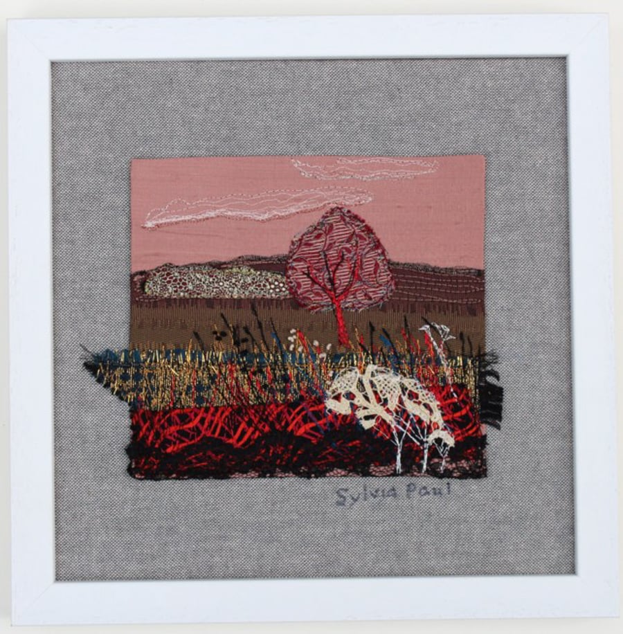 Textile Art of Landscape with Red Tree