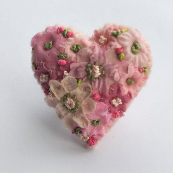 Embroidered Pink floral heart brooch