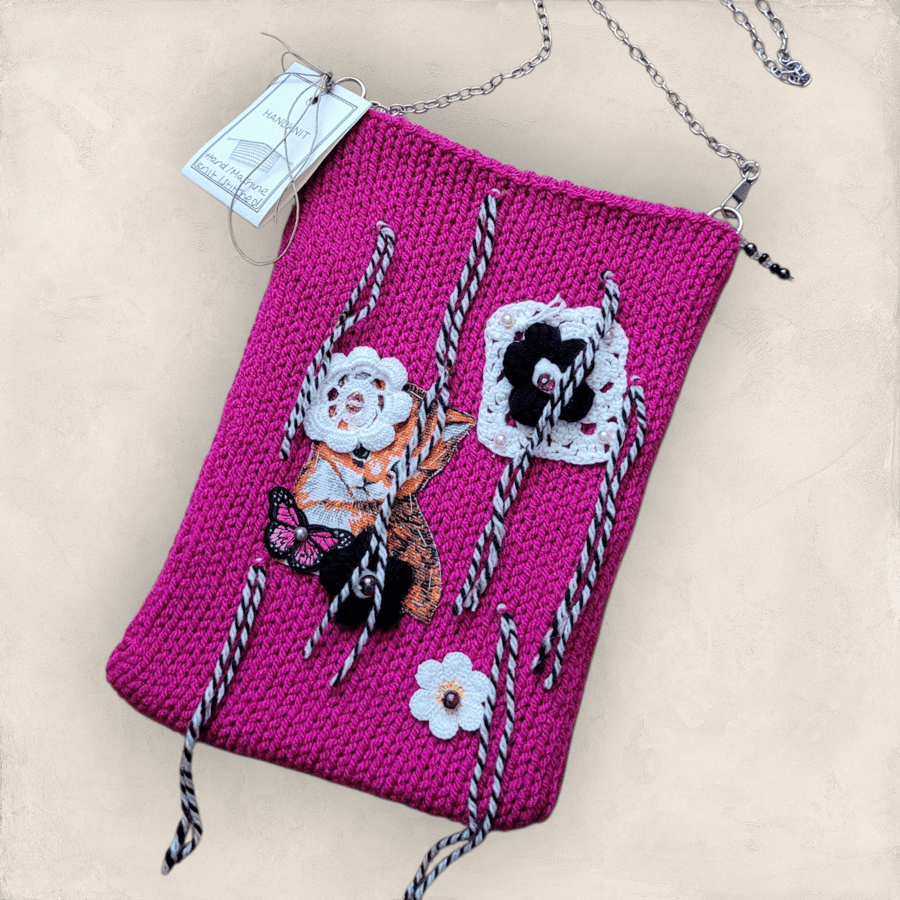 Pink Knitted Cat Crossbody Bag 