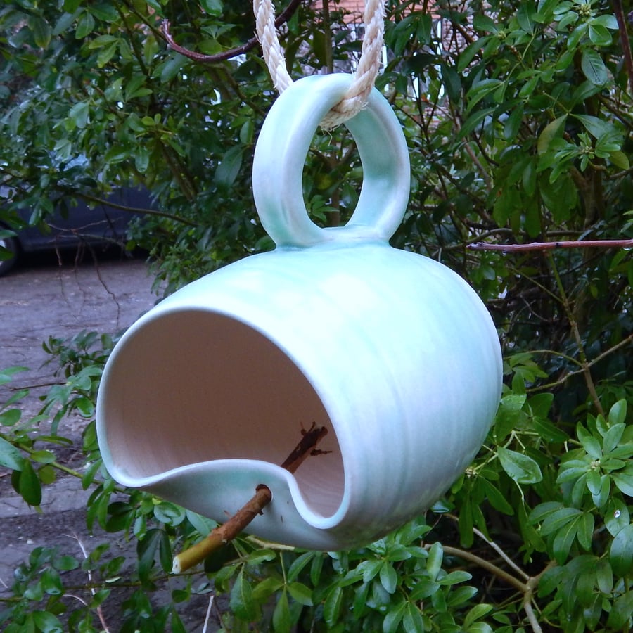 Bird feeder mug hand thrown in stoneware--weatherproof handmade pottery