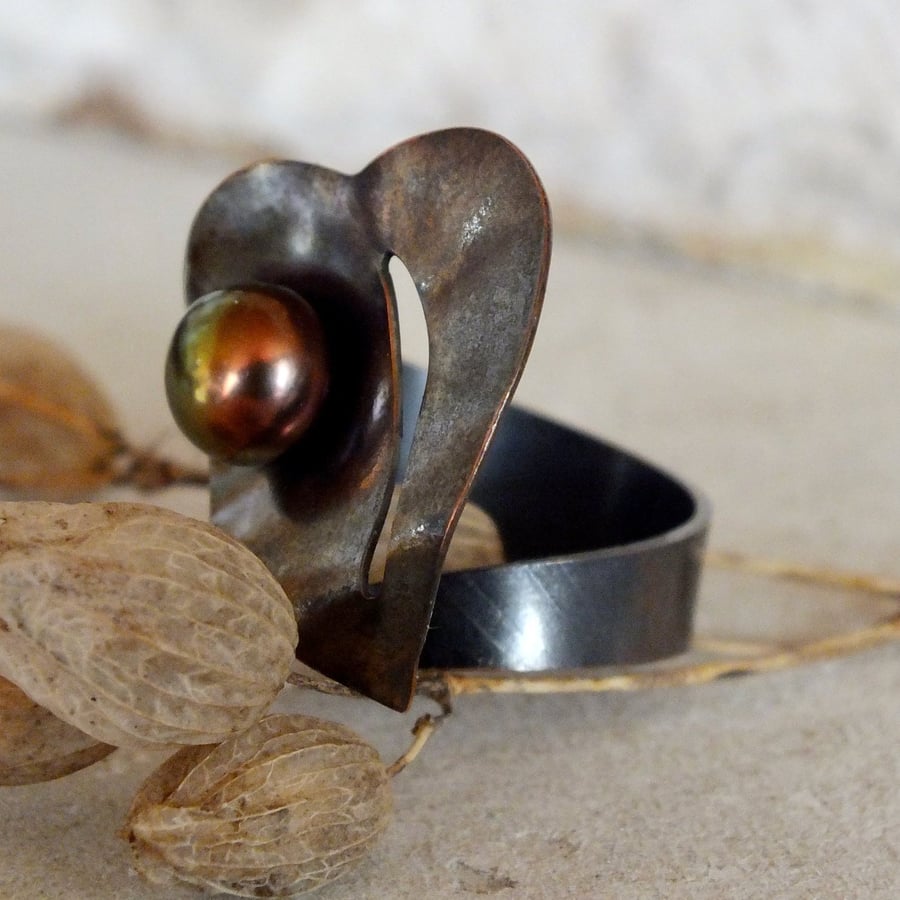 Adjustable copper ring with freshwater pearl; handmade oxidised ring