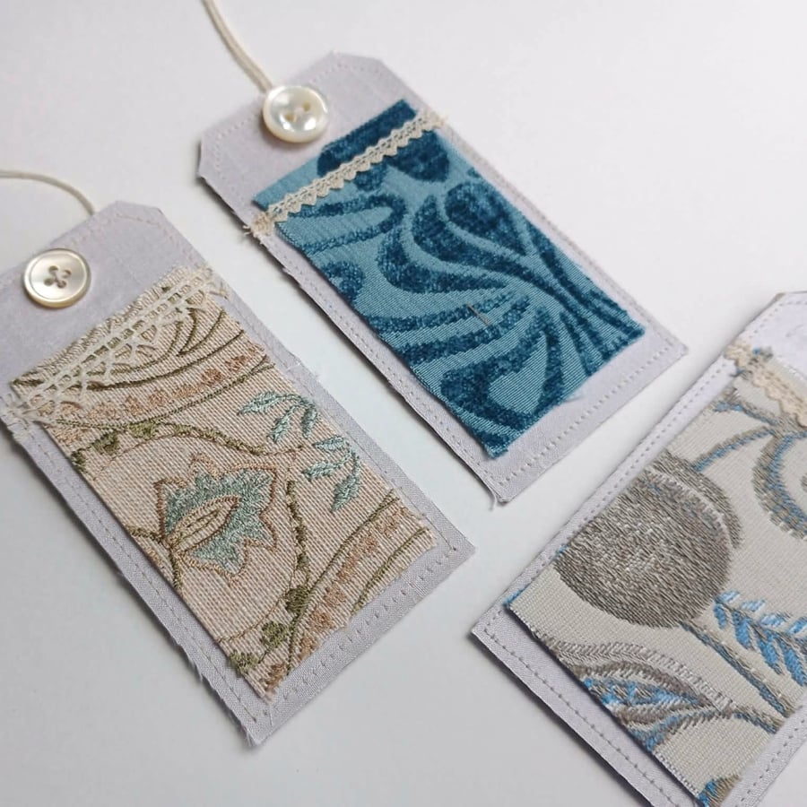 3 Gift Tags - duck egg vintage silk and lace, with reclaimed curtain textiles 