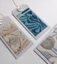 3 Gift Tags - duck egg vintage silk and lace, with reclaimed curtain textiles 