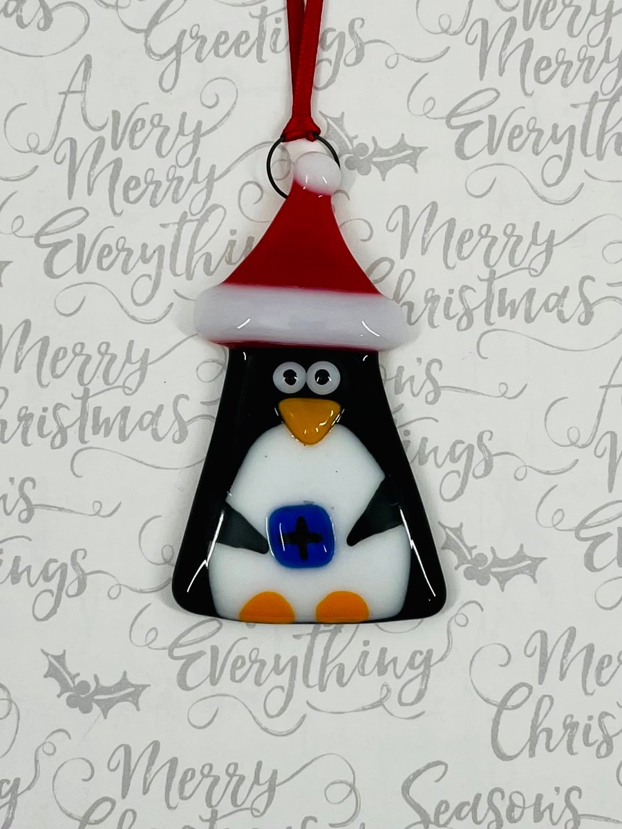 Handmade Fused Glass Penguin Hanging Christmas Decoration 