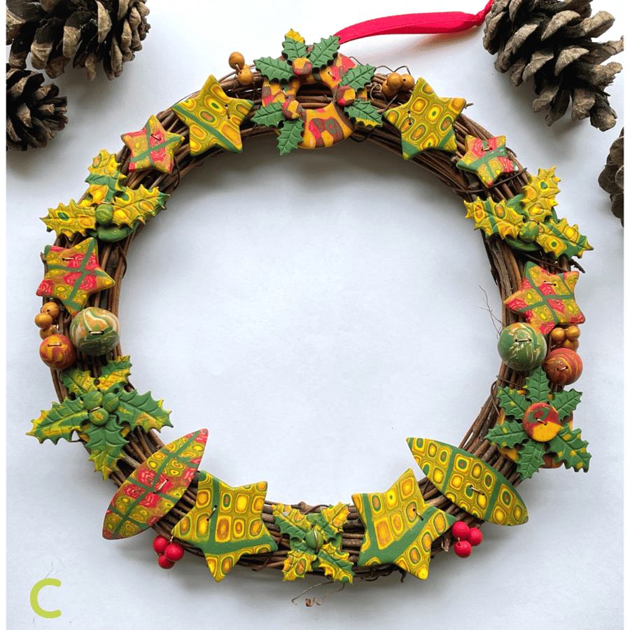 Christmas Wreath - One-of-a-Kind, Festive, Clay & Rattan, Handcrafted in Wales