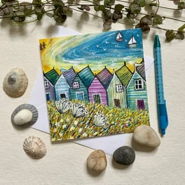 Breezy Day at the Beach, Beach Huts Blank Greetings Card