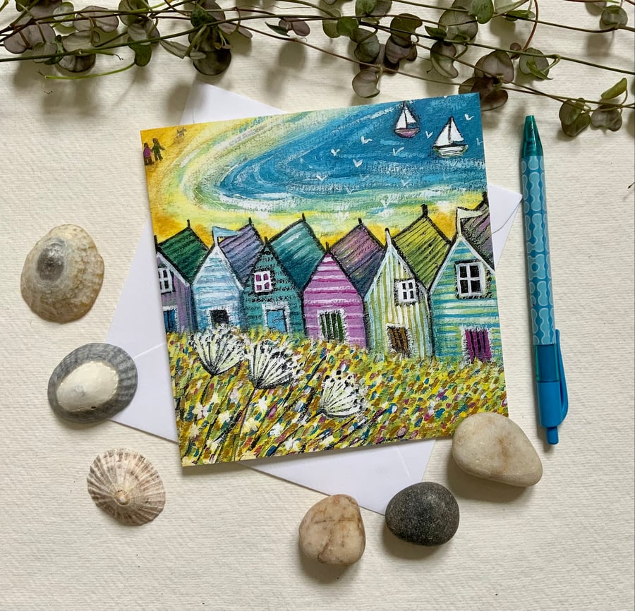 Breezy Day at the Beach, Beach Huts Blank Greetings Card