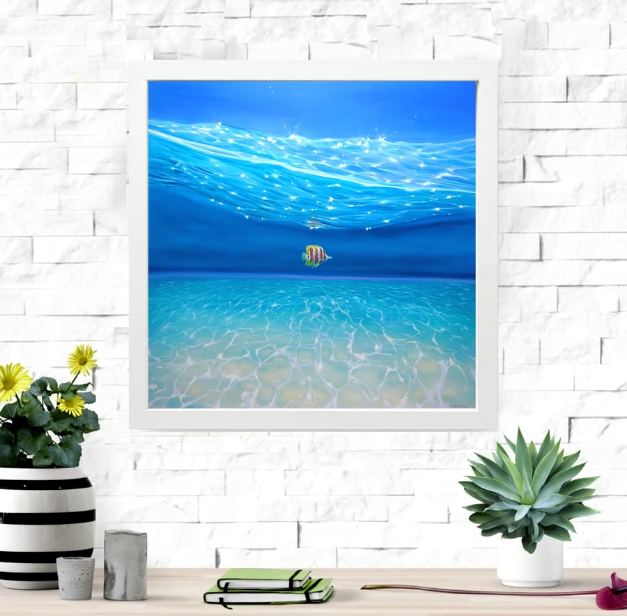 New Horizon is a framed print on canvas of tropical fish under a turquoise sea