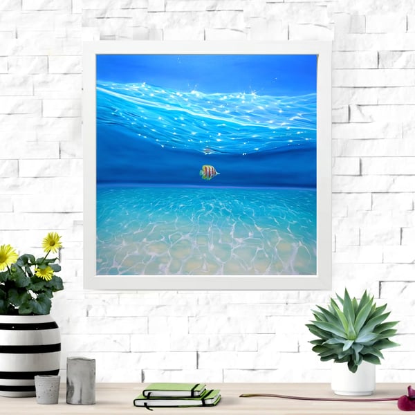 New Horizon is a framed print on canvas of tropical fish under a turquoise sea