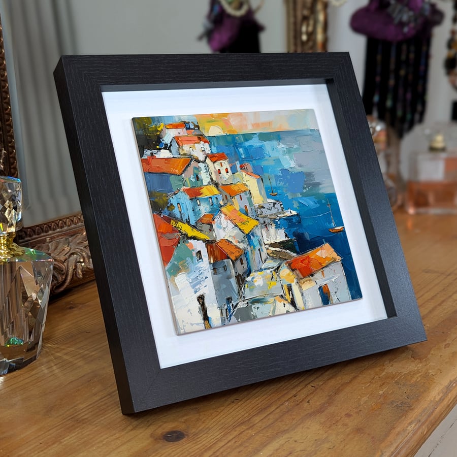 Coastal Village Framed Ceramic Tile Art - Impressionist Wall Art -  Home Decor