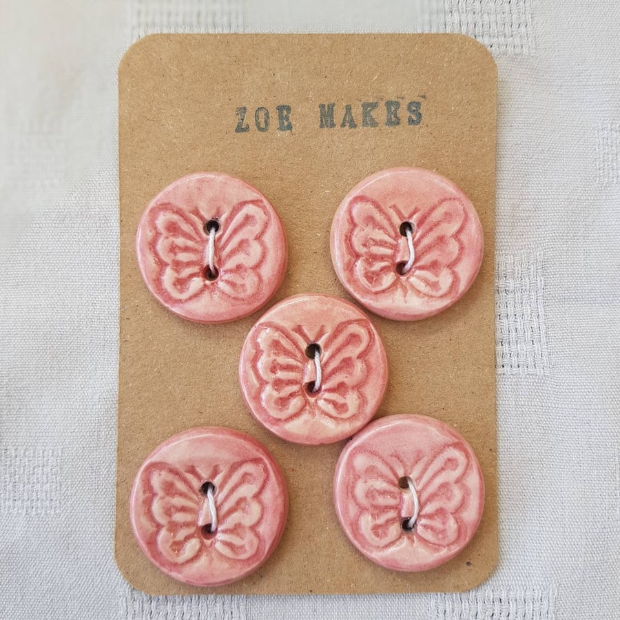 Pretty pink butterfly buttons, set of 5, 2.5cms diameter.