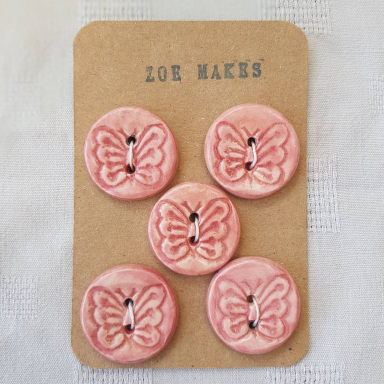 Pretty pink butterfly buttons, set of 5, 2.5cms diameter.