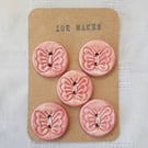 Pretty pink butterfly buttons, set of 5, 2.5cms diameter.