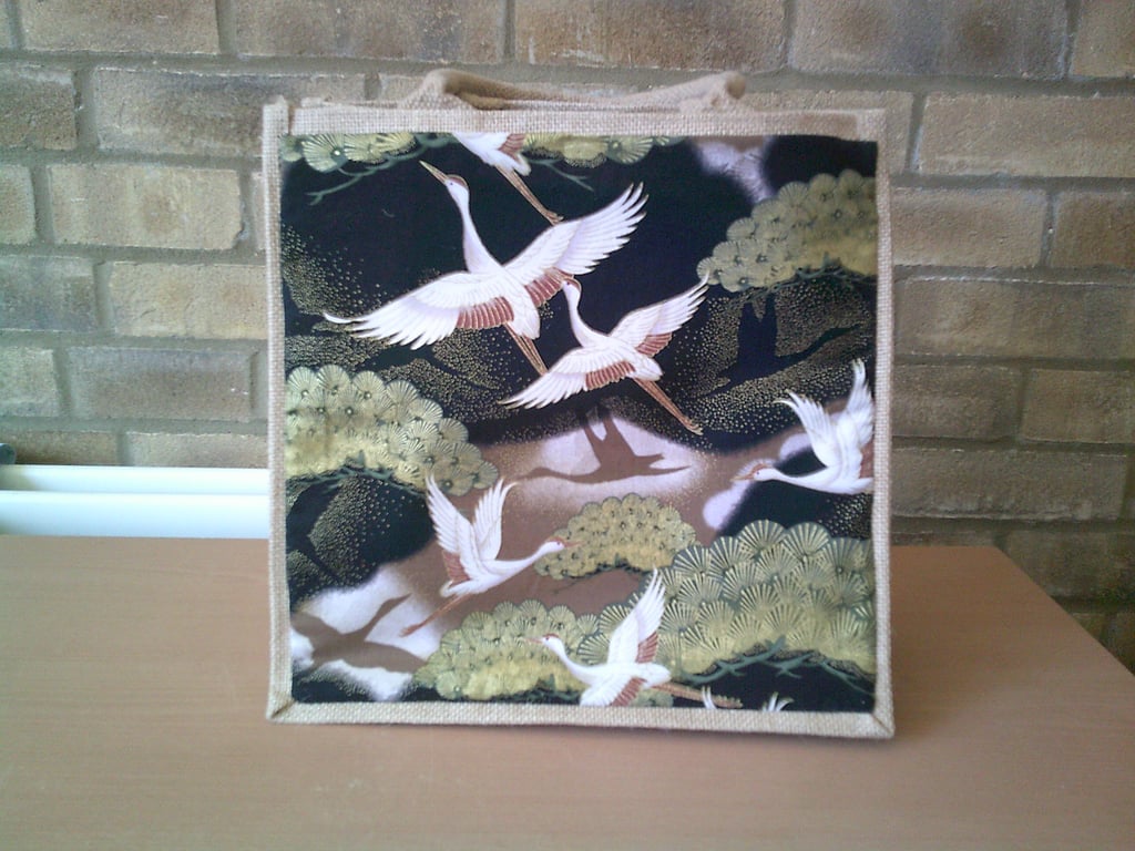 Japanese Cranes on a black background Medium Jute Bag
