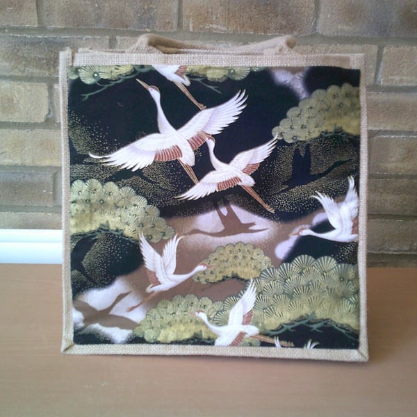 Japanese Cranes on a black background Medium Jute Bag
