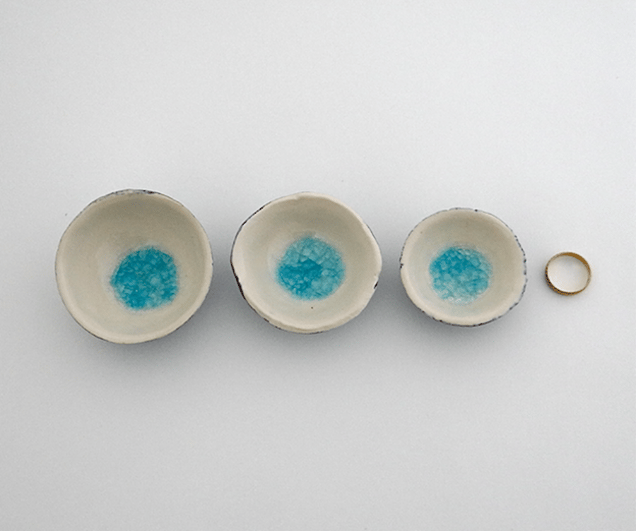 Set of 3 handmade ceramic trinket jewellery bowls with glass centres