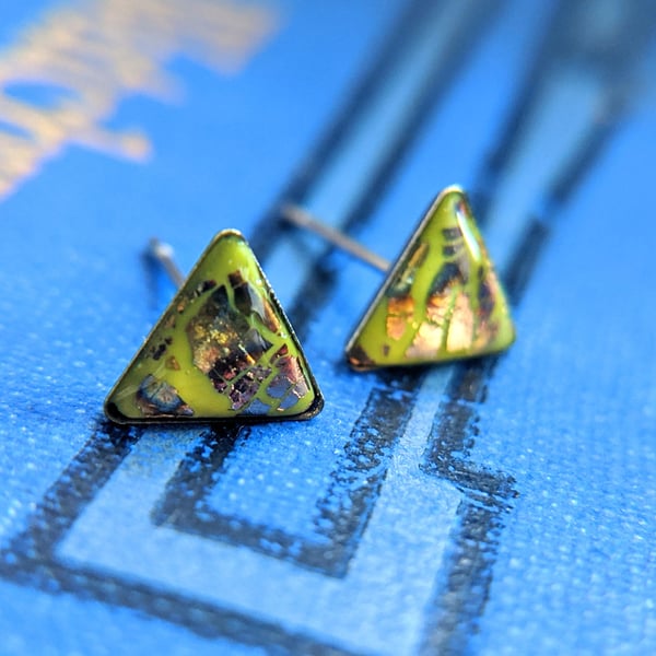 Khaki green and rose gold triangle stud earrings