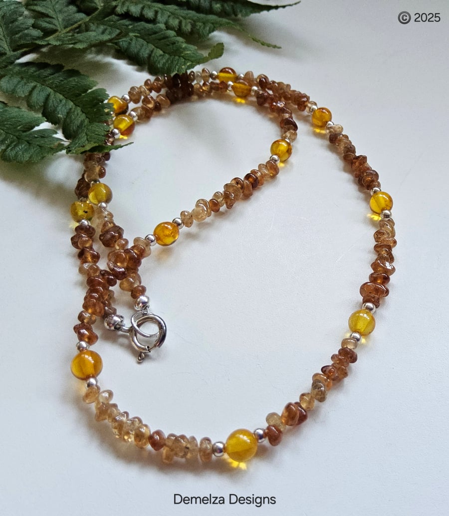Dainty Rare Hessanite Garnet & Amber Sterling Silver Necklace