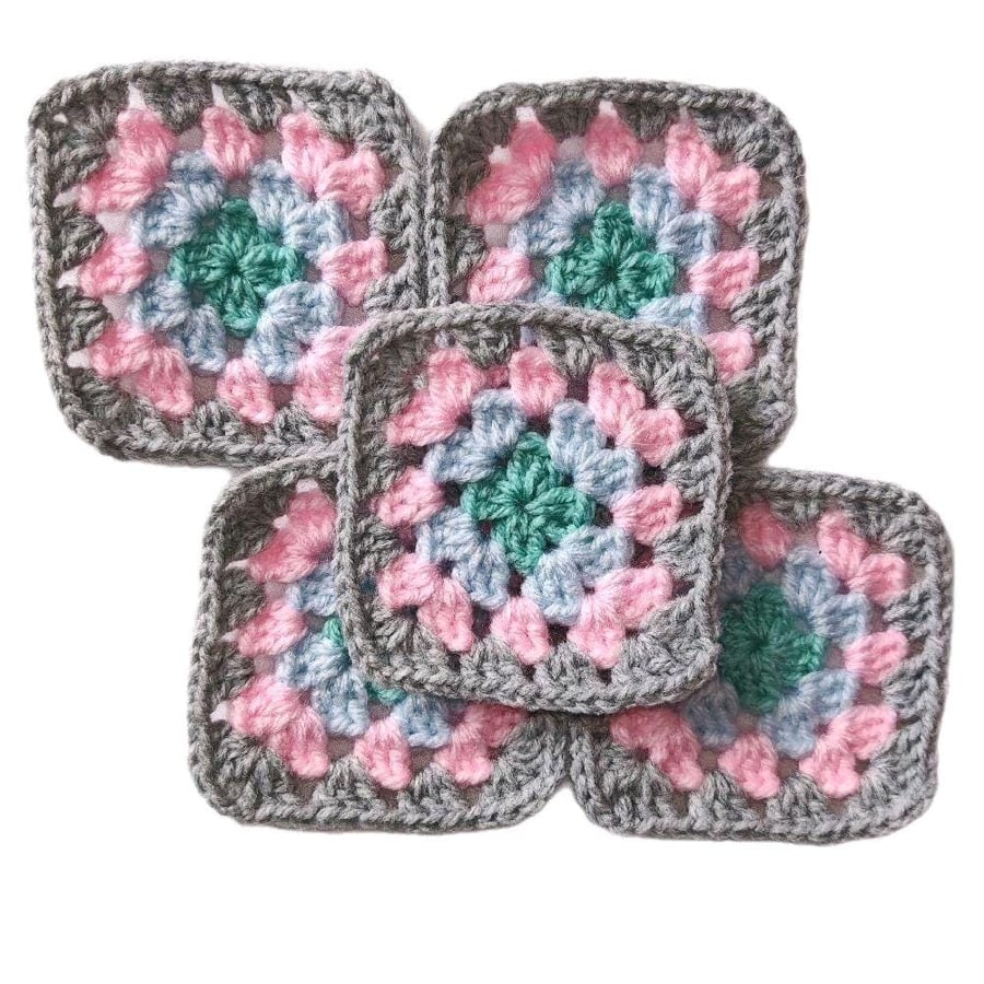 Handmade Crochet Granny Squares Misty Teal Boho Patchwork, 3-inch