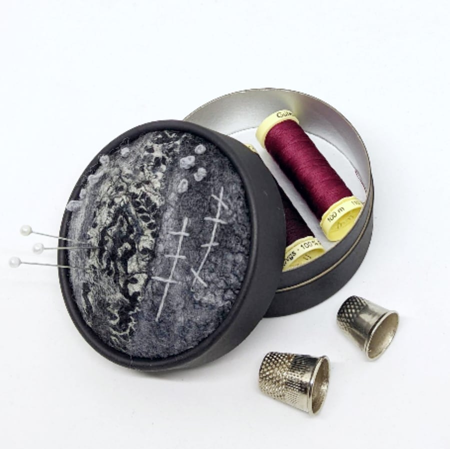 Pincushion and storage box in one - grey felted embroidered pincushion