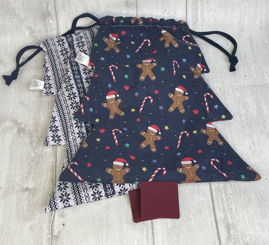 Set of two Christmas tree drawstring, reusable gift bags. Blues