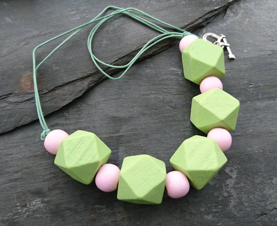 Pastel pink and green wooden geometric necklace