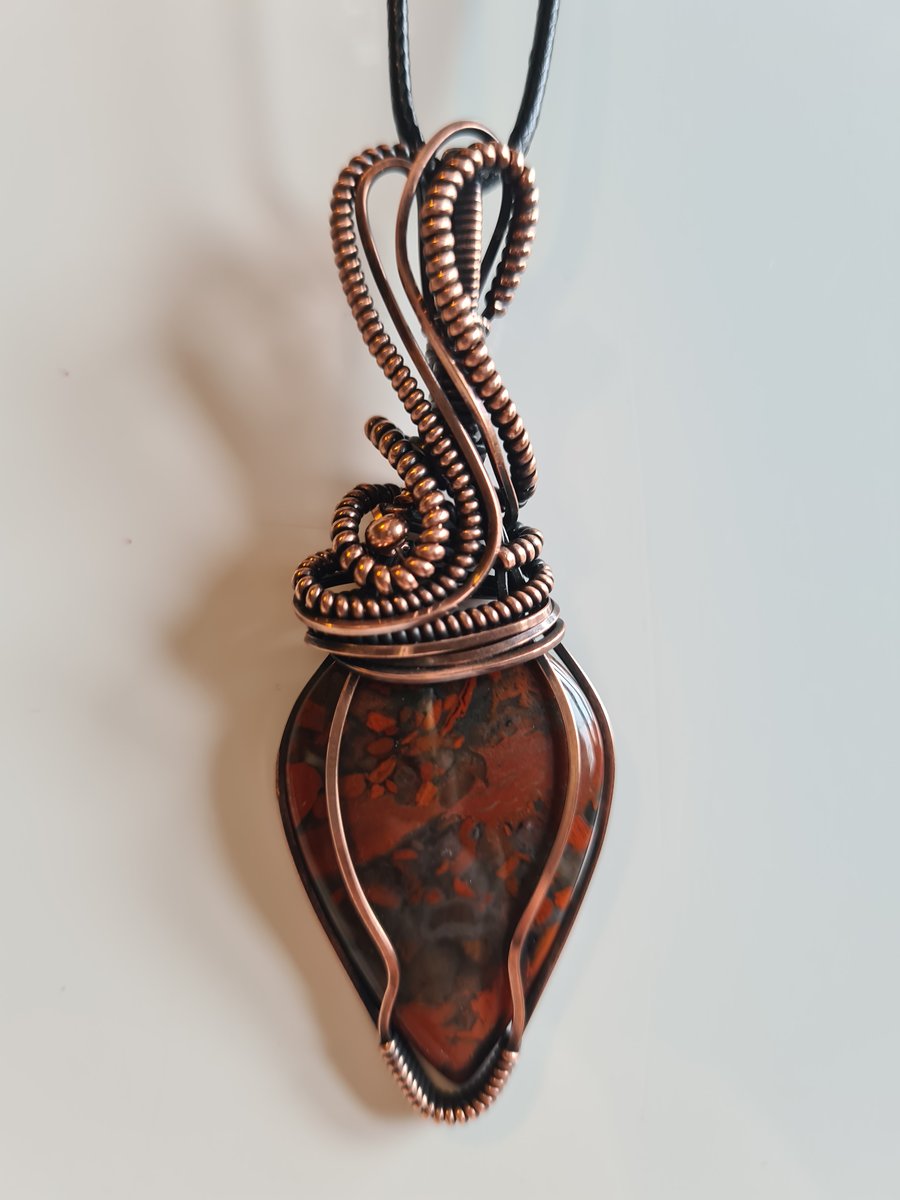 Stunning Red Brecciated Jasper & Antiqued Copper Pendant Necklace