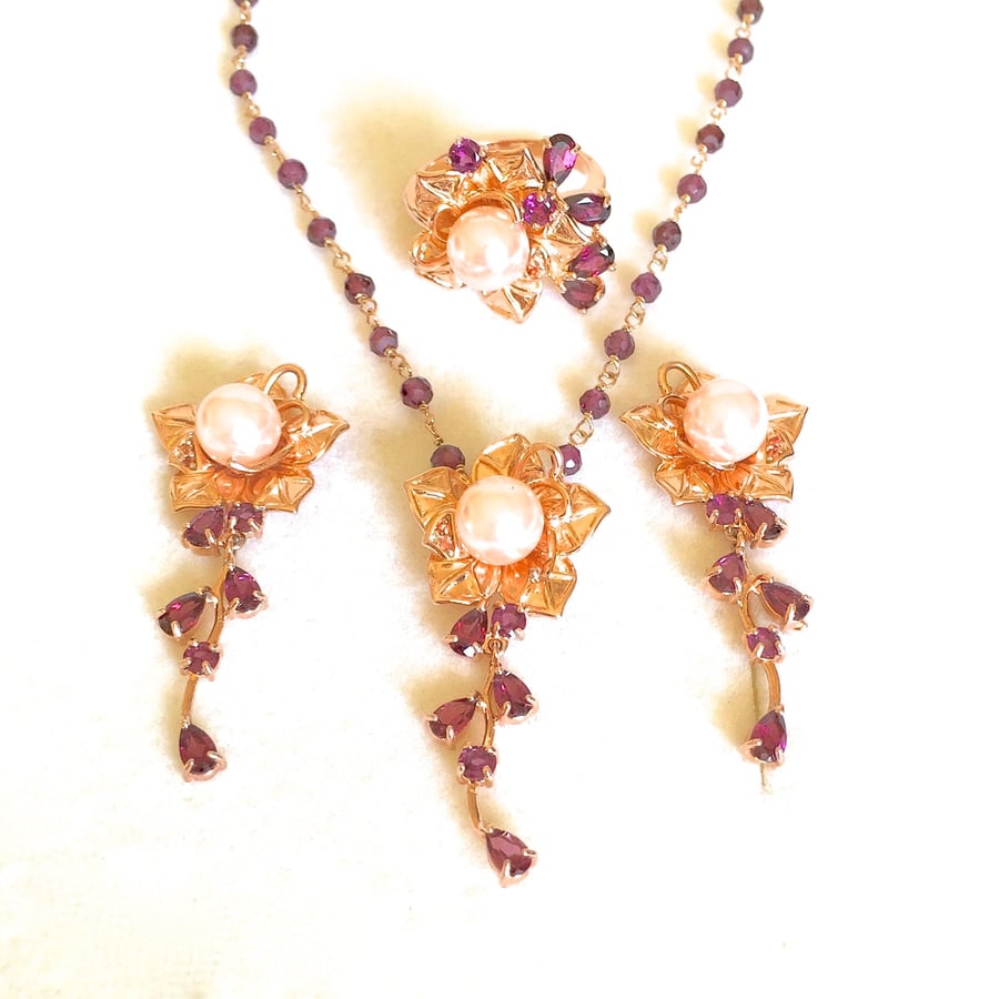 Garnet & Pink Pearl Floral Garland Earrings & Pendant Necklace Set
