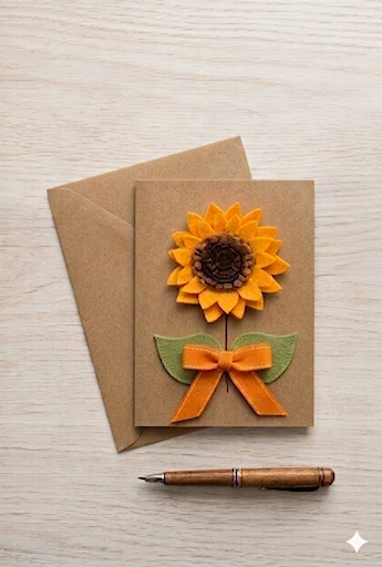 Handmade 3d felt sunflower card. Blank greeting card for all occasions 
