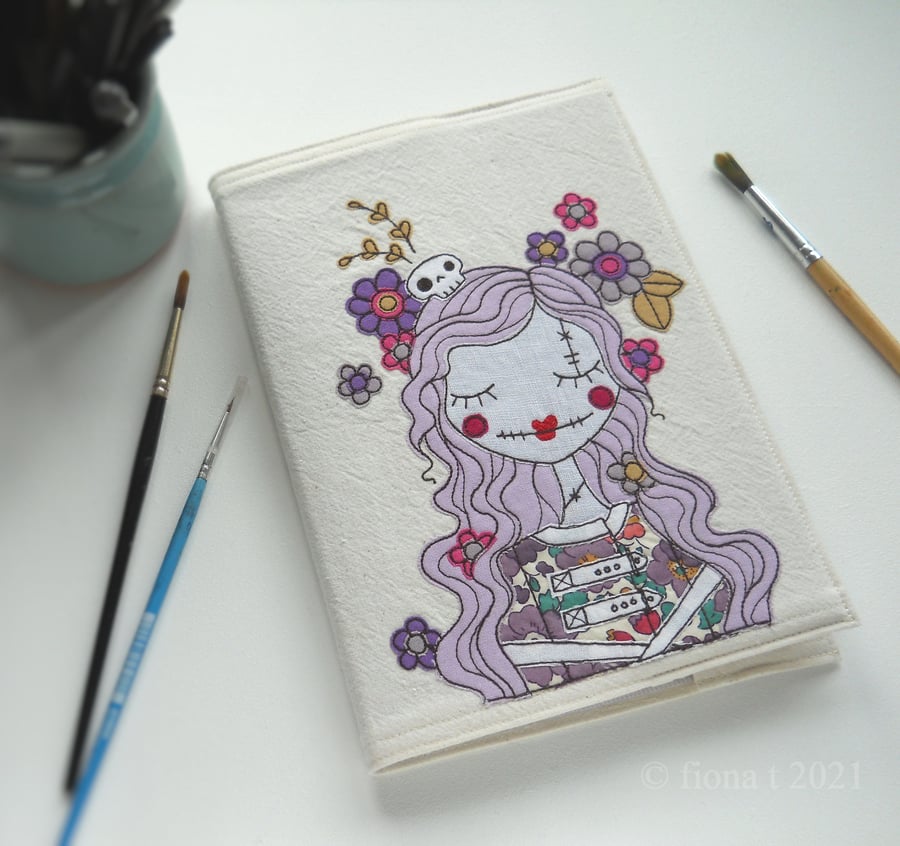 A5 freehand embroidered floral zombie lady sketchbook - lilac