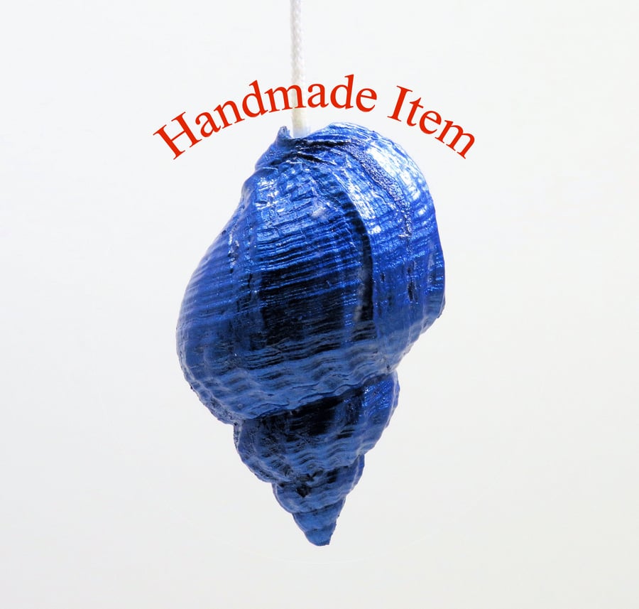 OOAK Nautical-themed light pull handle dog whelk shell painted metallic blue