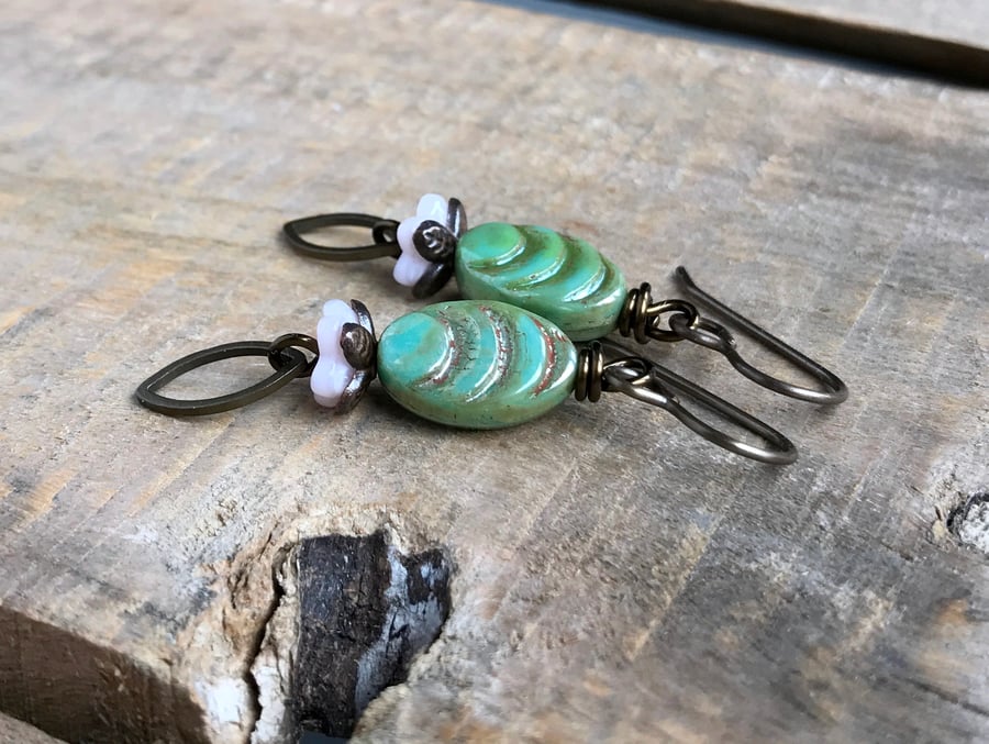 Green & Pink Czech Glass Earrings. Petite Earrings. Rustic Drop Earrings